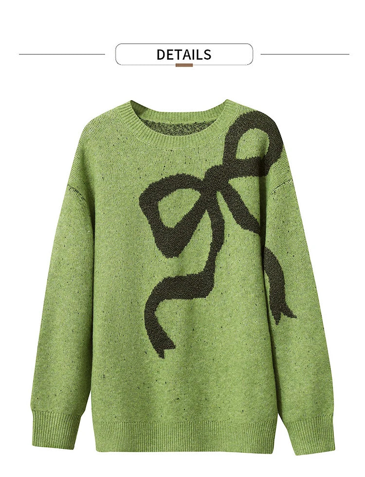 Grüner Jacquard-Pullover mit dunklem Schleifenmuster, Rundhalsausschnitt, langärmlig