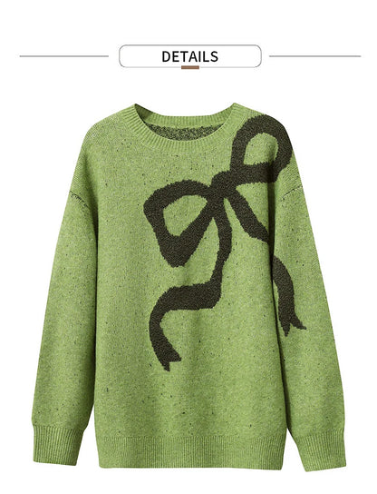 Grüner Jacquard-Pullover mit dunklem Schleifenmuster, Rundhalsausschnitt, langärmlig