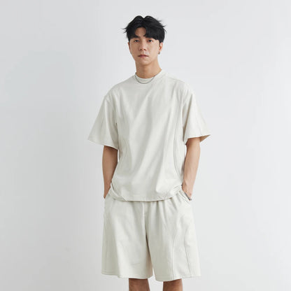 Männer Sport Anzug mit einfarbigem Rundhals T-Shirt und Kordelzug Shorts