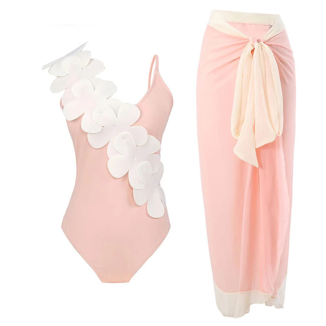Damen Badeanzug Sarong 3D-Blumen tiefer V-Ausschnitt hoher Beinausschnitt
