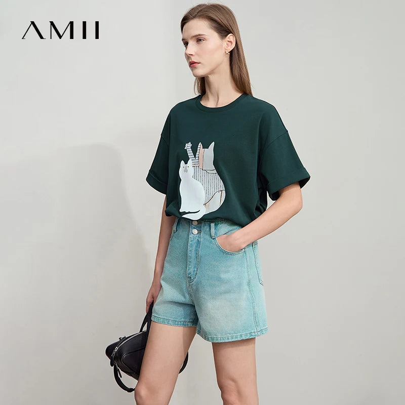 Damen Top im minimalistischen Stil mit O-Ausschnitt und bedrucktem Design