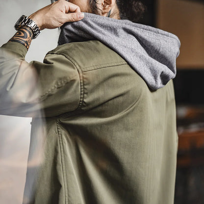 Herren Kapuzenjacke Vintage Patchwork Lässige Oberbekleidung Herbst Chore-Mantel Tasche