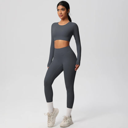 Yoga-Set mit langarmigem Crop-Top und Leggings, graphitgrau