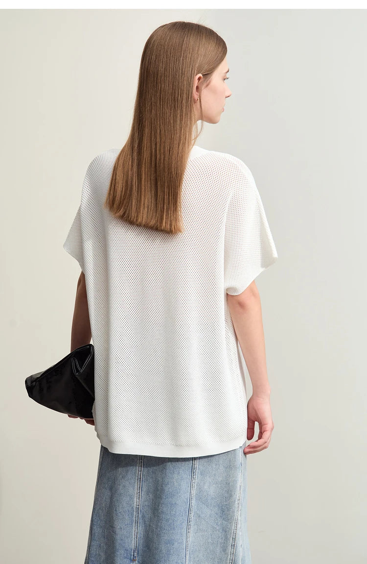 Damen-Rundhalspullover Wolle Aushöhlung locker Streetwear Sommer
