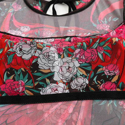 Damen-Badeanzug 3-teilig Print Langarm Sarong-Set gepolstert