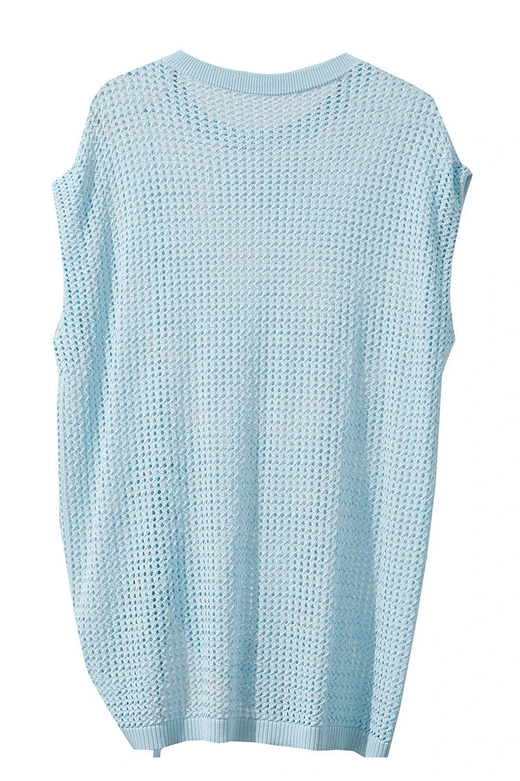 Hellblauer Damen-Strickpullover ohne Musterdetails, Rückansicht mit Rundhalsausschnitt