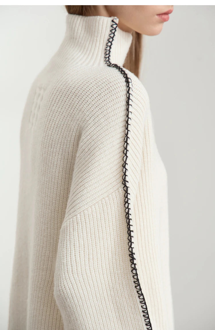 Damen-Rollkragenpullover Wolle Stickerei locker Weihnachten Winter
