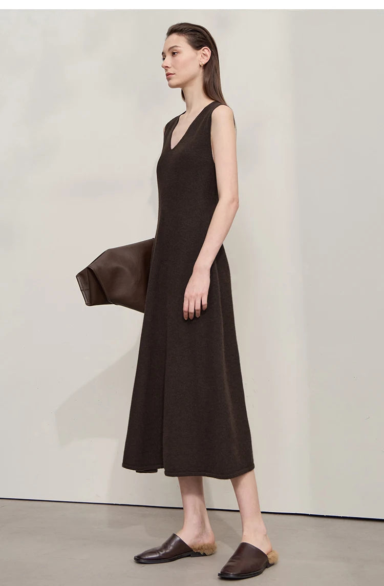 Damen V-Ausschnitt Strickkleid A-Linie ärmellos Herbst-Winter