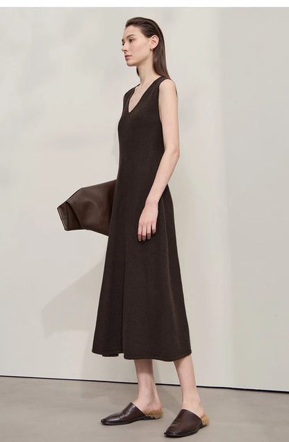Damen V-Ausschnitt Strickkleid A-Linie ärmellos Herbst-Winter