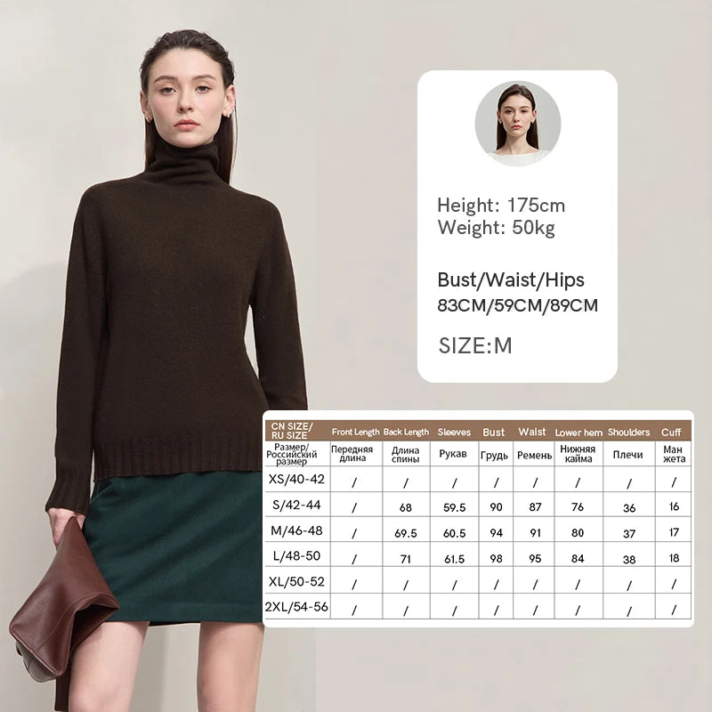 Damen-Rollkragenpullover aus Wolle, kaffeebraun, langärmlig, gerippter Rollkragen