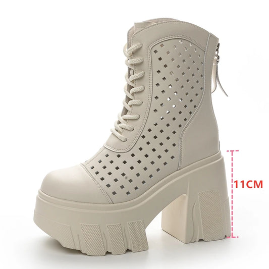 AIYUQI Frauen Sommer Stiefel High Heel 2025 Neue Echtes Leder Mesh Stiefel Frauen 11 cm Höhe Coole Stiefel frauen