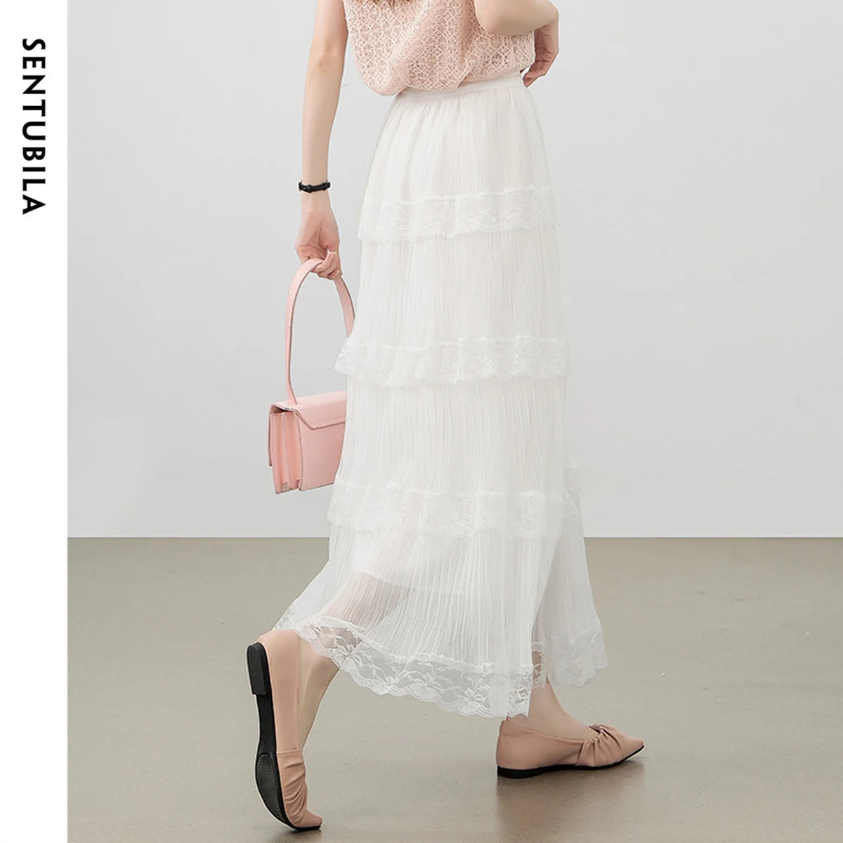 Damen A-Linie Spitzenrock im süßen Stil mit elastischer Taille und Patchwork-Mesh