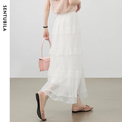 Damen A-Linie Spitzenrock im süßen Stil mit elastischer Taille und Patchwork-Mesh