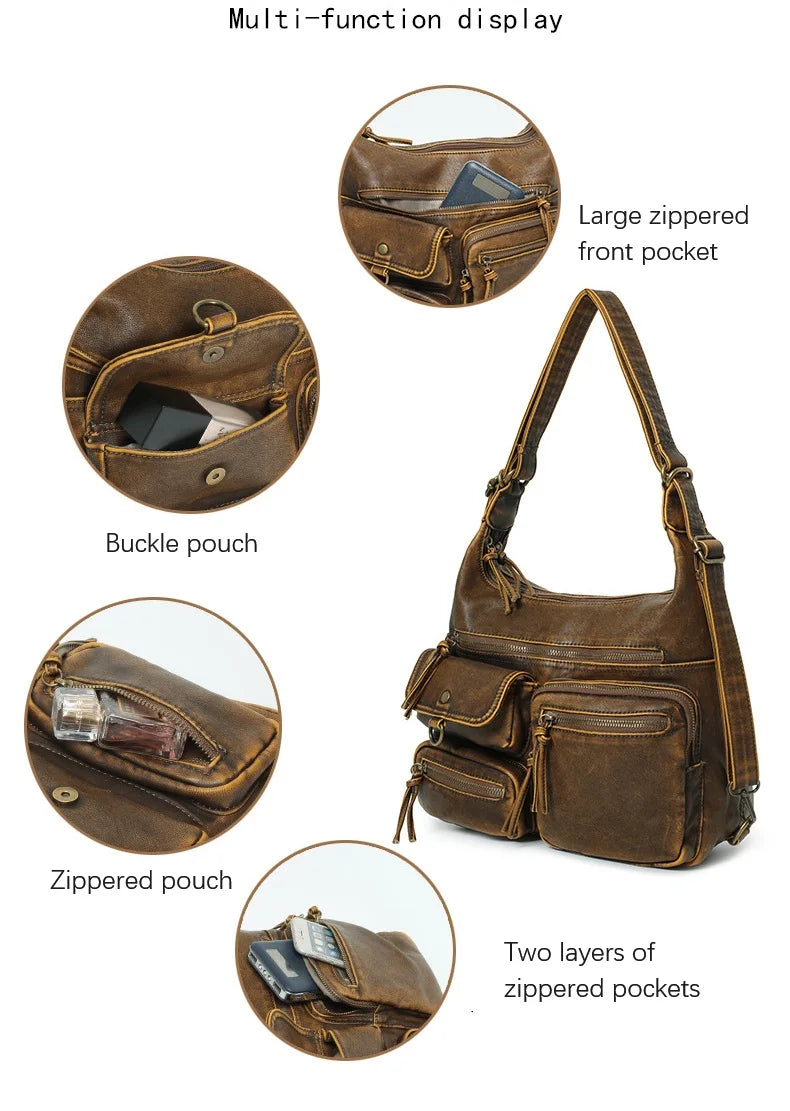 Damen-Umhängetasche Aus PU Mit Top-Griff Und Vintage-Look Schwarz Große Kapazität