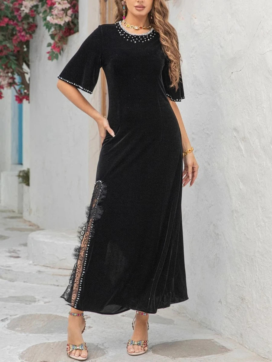 Elegantes Damen-Patchwork-Kleid mit Diamantmuster, Reverskragen und langen Ärmeln – figurbetont und einreihig.