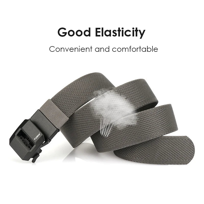 Unisex-Gürtel aus elastischem Nylon mit mattschwarzer Schnalle in 38 mm Breite und Tragekomfort