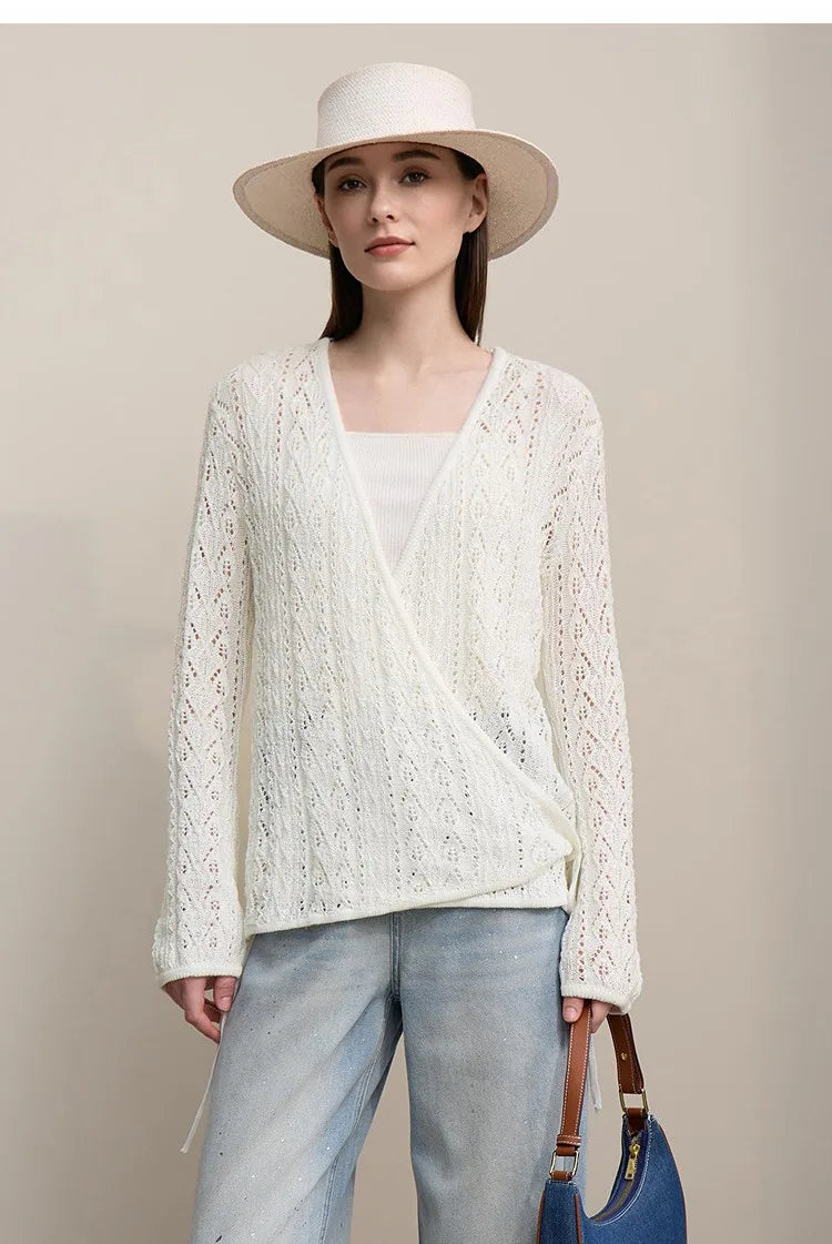 Damen-Strickjacke V-Ausschnitt Wolle Hohlstrick locker Langarm Frühling