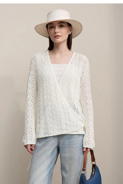 Damen-Strickjacke V-Ausschnitt Wolle Hohlstrick locker Langarm Frühling