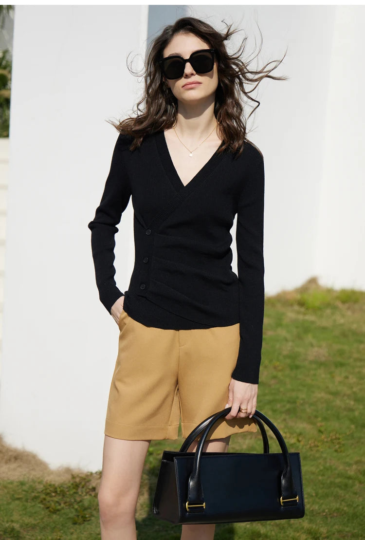Damen V-Ausschnitt Pullover Kaschmir Slim Shirring Büro Frühling