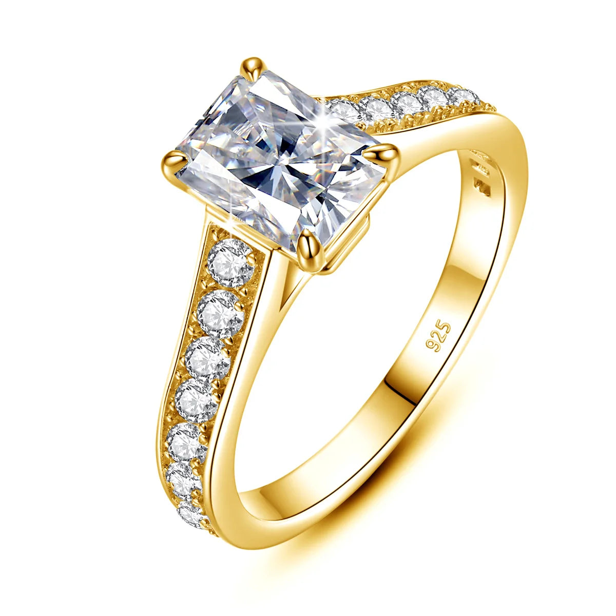 Damen-Verlobungsring Moissanite Emerald-Schliff 2 ct Gelbgold-Optik Silber Farbe D