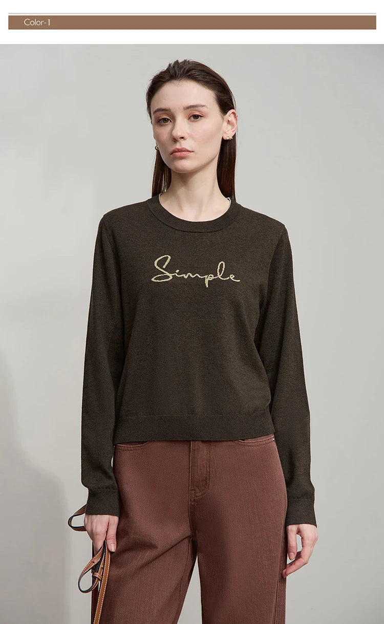 Braunes Langarm-T-Shirt mit rundem Ausschnitt und „Simple“-Schriftzug