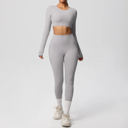 Hamidou Yoga-Set: hellgraues Sport-BH-Top mit Leggings, lange Ärmel, weißer Beinabschluss