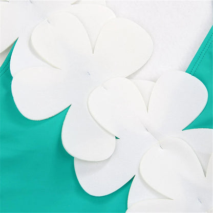 Damen Badeanzug Sarong 3D-Blumen tiefer V-Ausschnitt hoher Beinausschnitt