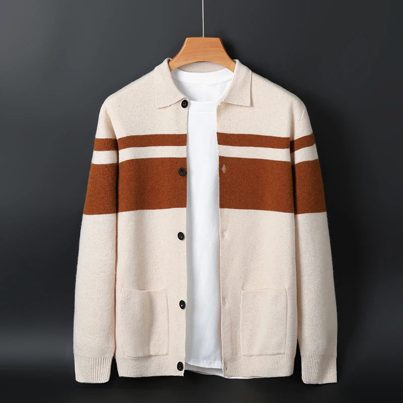 2024 neue Mode Wolle Strickjacke Mantel Top Herren Revers Business Casual Strickpullover Trend Hot Frühling und Herbst gestreift Langarm