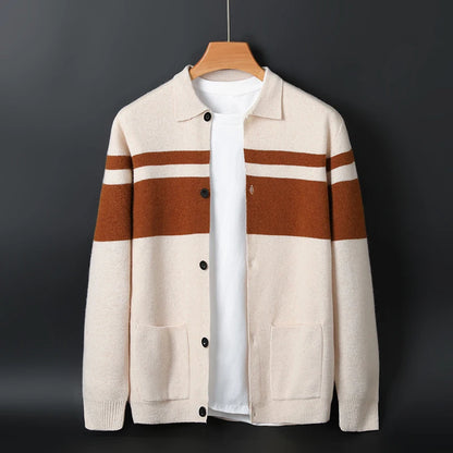 2024 neue Mode Wolle Strickjacke Mantel Top Herren Revers Business Casual Strickpullover Trend Hot Frühling und Herbst gestreift Langarm