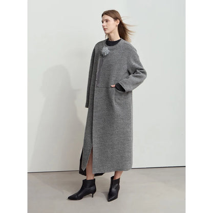 Damen Wollmantel im minimalistischen Stil mit Rundhalsausschnitt und abnehmbarer Corsage