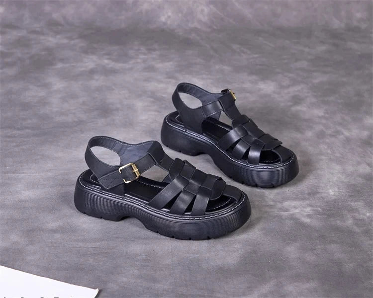 AIYUQI Sandalen Frauen Sommer 2025, Neue Echtes Leder Baotou Römischen Sandalen Damen Retro Hohl Gewebt Frauen Sandalen