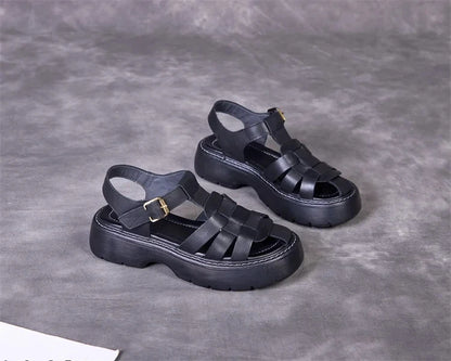 AIYUQI Sandalen Frauen Sommer 2025, Neue Echtes Leder Baotou Römischen Sandalen Damen Retro Hohl Gewebt Frauen Sandalen