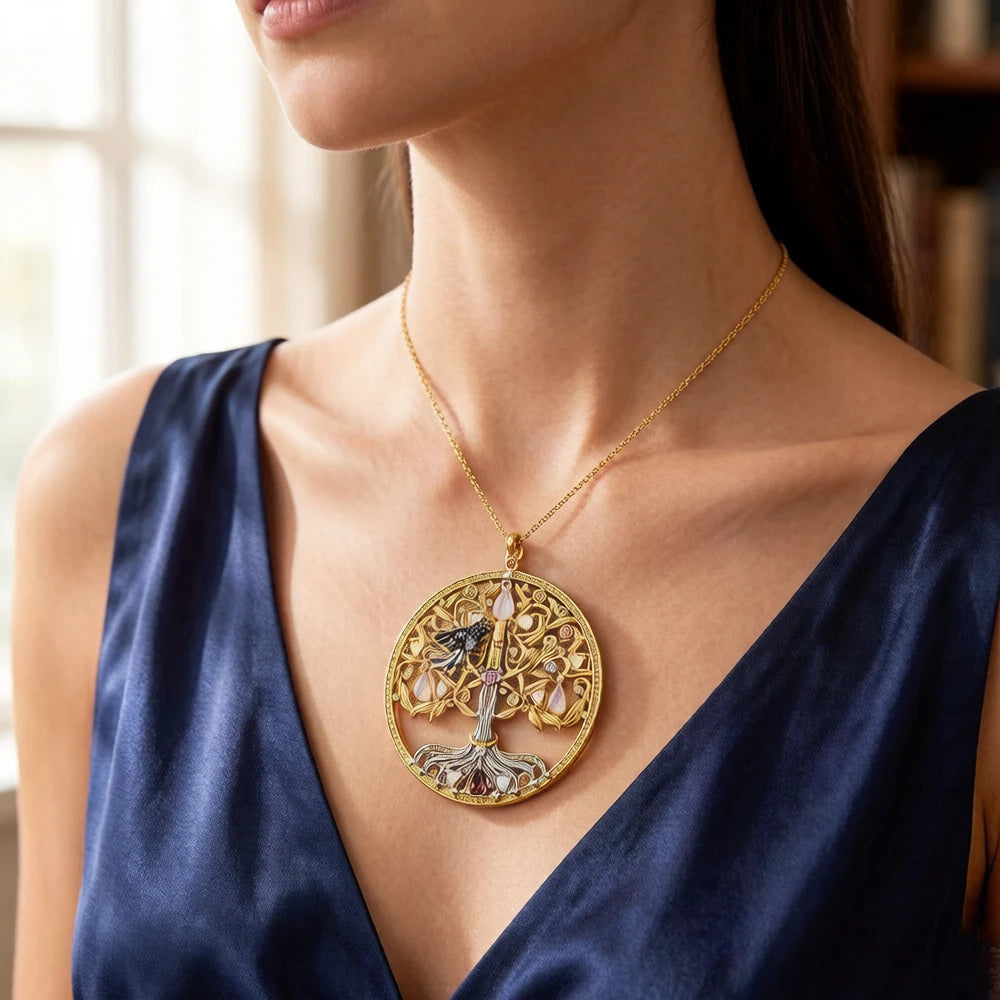 Damen-Charm-Anhänger Baum Rabe Vintage golden aus Sterlingsilber