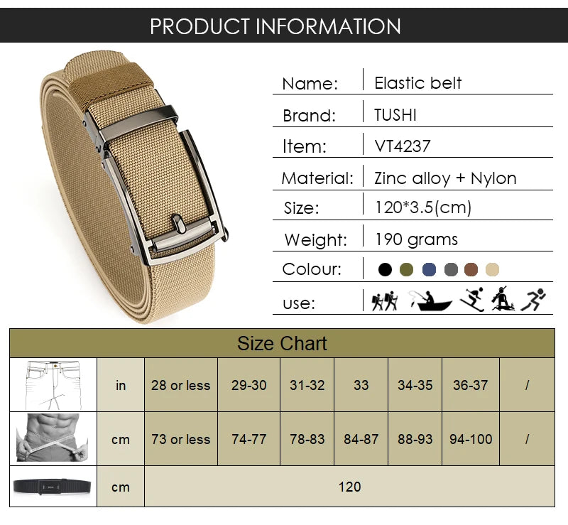 VATLY Elastik-Gürtel Herren Gunmetal Automatik-Schnalle Nylon Einheitsgröße