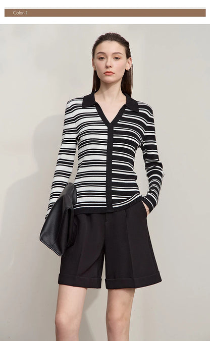 Damenpullover mit V-Ausschnitt, schwarz-weiß gestreiftes Strickdesign, lange Ärmel