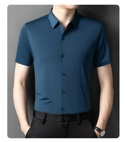 Herren-Hemd mit Vier-Wege-Stretch, Farbblock-Diamantmuster und Knopfleiste – ideal für Business-Casual und formelle Anlässe.