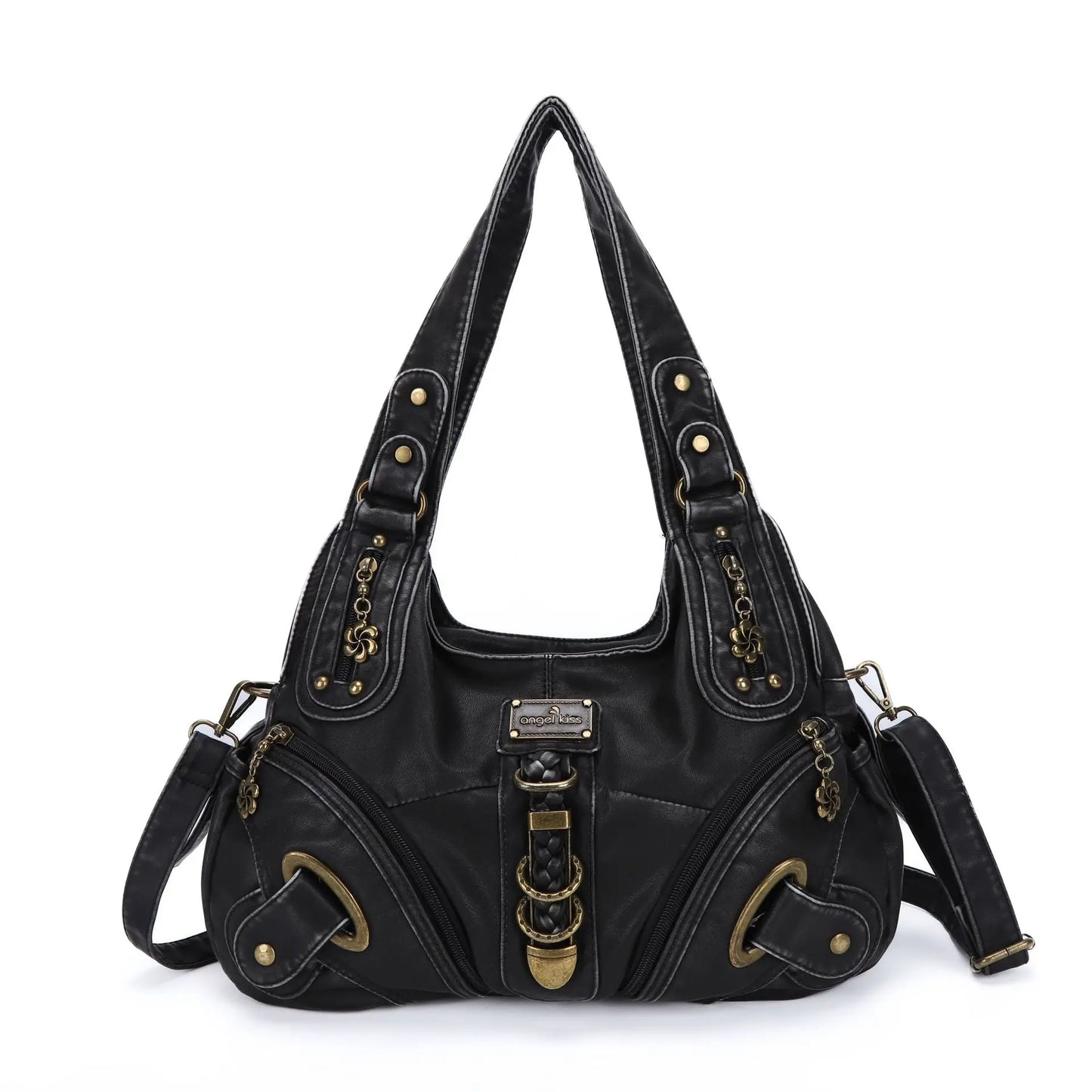 Schwarze Handtasche mit goldfarbenen Ziernieten, Frontfächern, Kettenriemen und Umhängegurt.