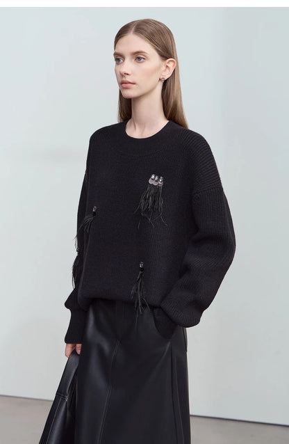 Damen-Rundhalspullover Perlen Strassapplikation locker Winter