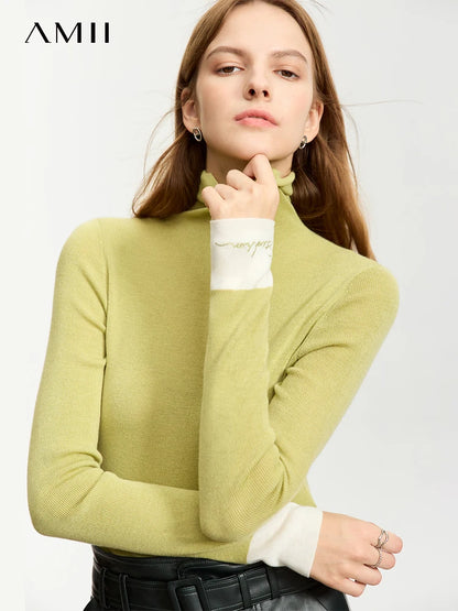 Damen-Rollkragenpullover Wolle Slim Patchwork-Splicing Herbst-Winter