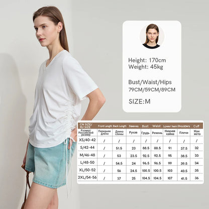 Damen T-Shirt mit solidem V-Ausschnitt und Kordelzug für den Sommer