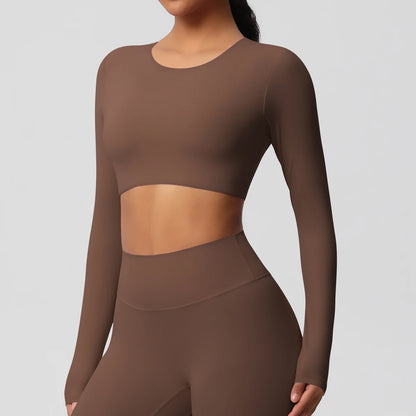 Damen Sportshirt langarm, kurz geschnitten, Rundhalsausschnitt, schokoladenbraun
