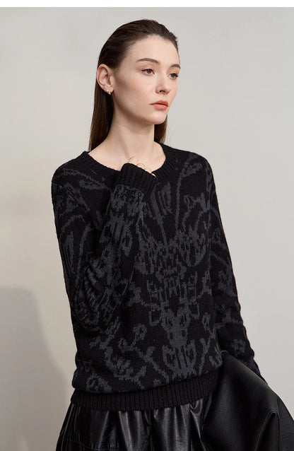 Schwarzer Damenpullover mit Langarm, Jacquard-Strickmuster und geripptem Saum