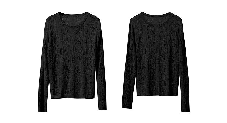 Schwarzer Damen-Strickpullover mit Rundhalsausschnitt und Zopfmuster, Langarm, flachansicht