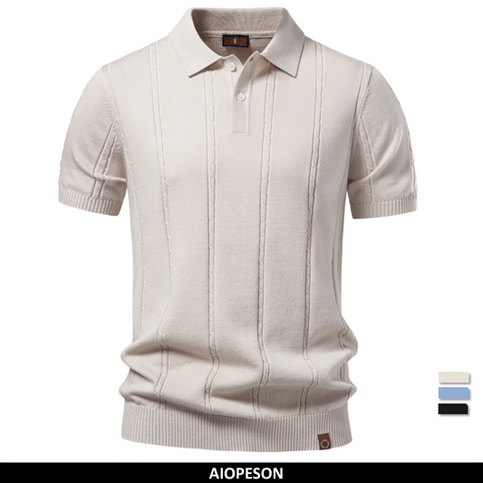 Herren-Poloshirt in Beige mit Knopfleiste, Polokragen und kurzen Ärmeln, vertikalen Steppungen