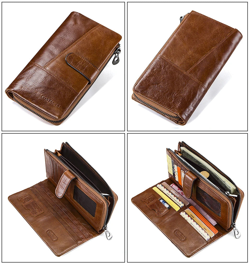 Herren Echtleder Lange Geldbörse Vintage Bifold Reißverschluss Kartenhalter Geldclip