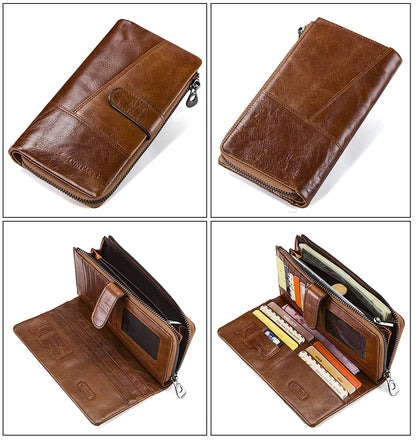 Herren Echtleder Lange Geldbörse Vintage Bifold Reißverschluss Kartenhalter Geldclip