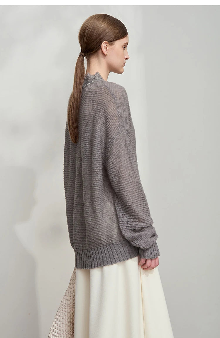 Damen V-Ausschnitt Pullover Mohair Spitze locker mittellang Frühling