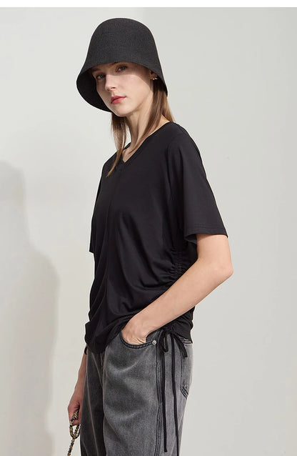 Damen T-Shirt mit solidem V-Ausschnitt und Kordelzug für den Sommer
