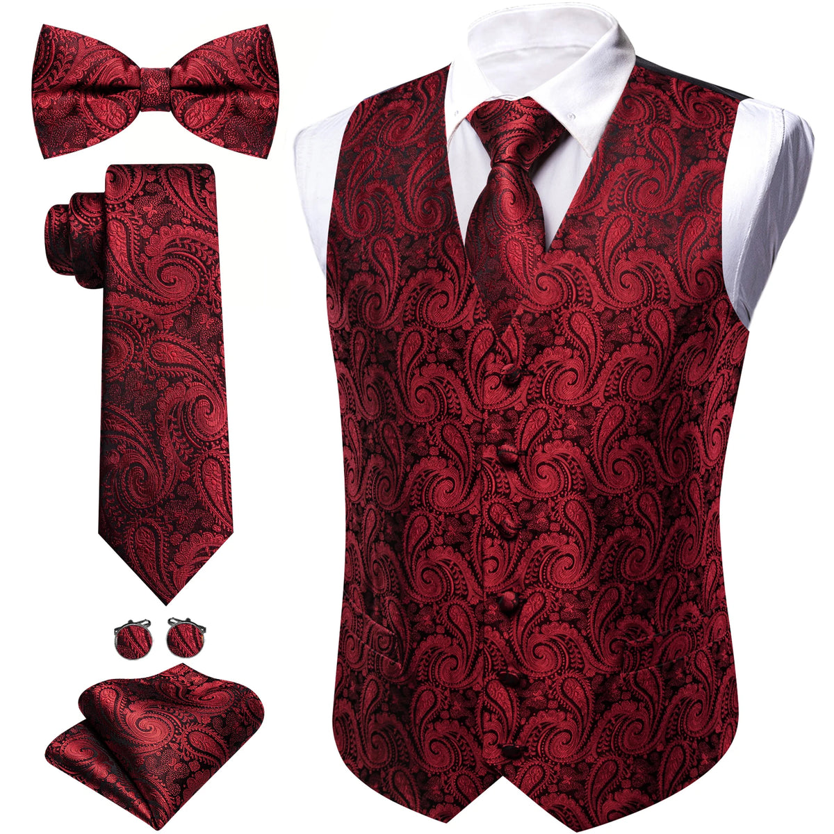 Anzugweste-Set mit Paisley-Muster in Dunkelrot, mit Krawatte, Fliege und Einstecktuch