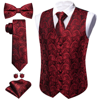 Anzugweste-Set mit Paisley-Muster in Dunkelrot, mit Krawatte, Fliege und Einstecktuch